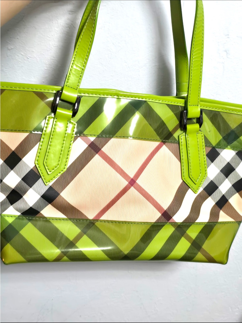 Burberry Lime Green Plaid Patent Tote